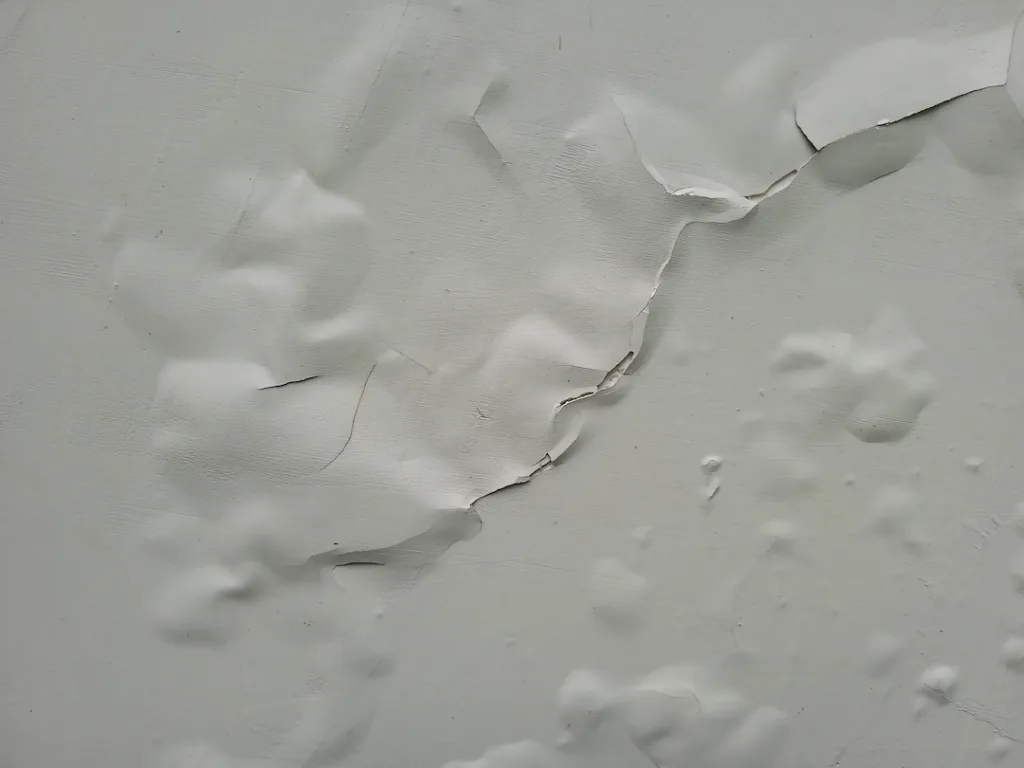 The white wall paint is bubbling and cracked due to the humid air