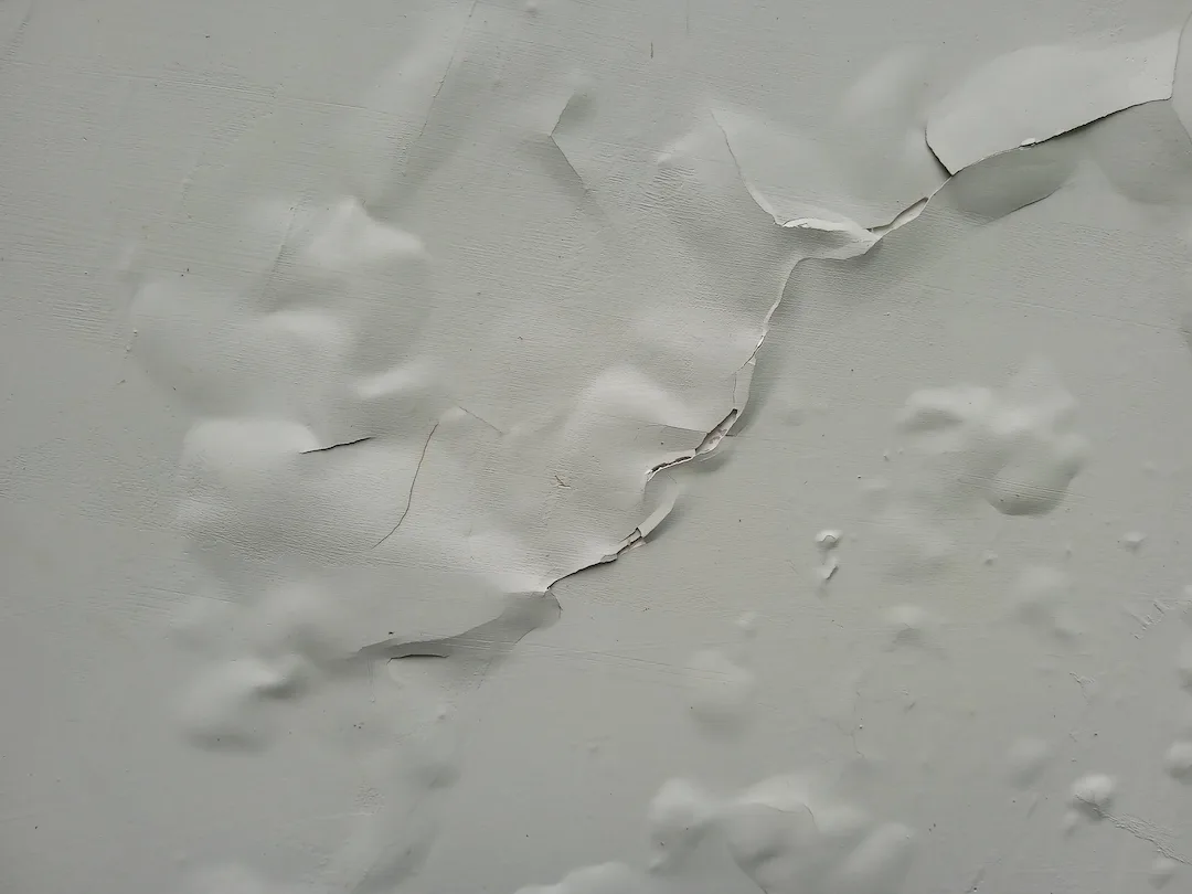 The white wall paint is bubbling and cracked due to the humid air