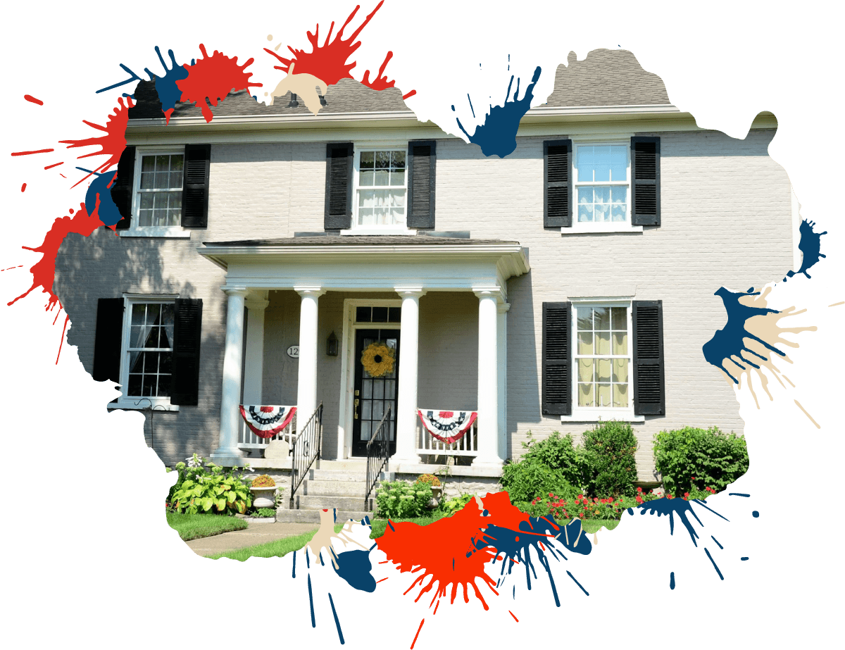areas-hero-single Freshly painted two-story brick home in New Jersey with black shutters, white columns, and patriotic porch décor.