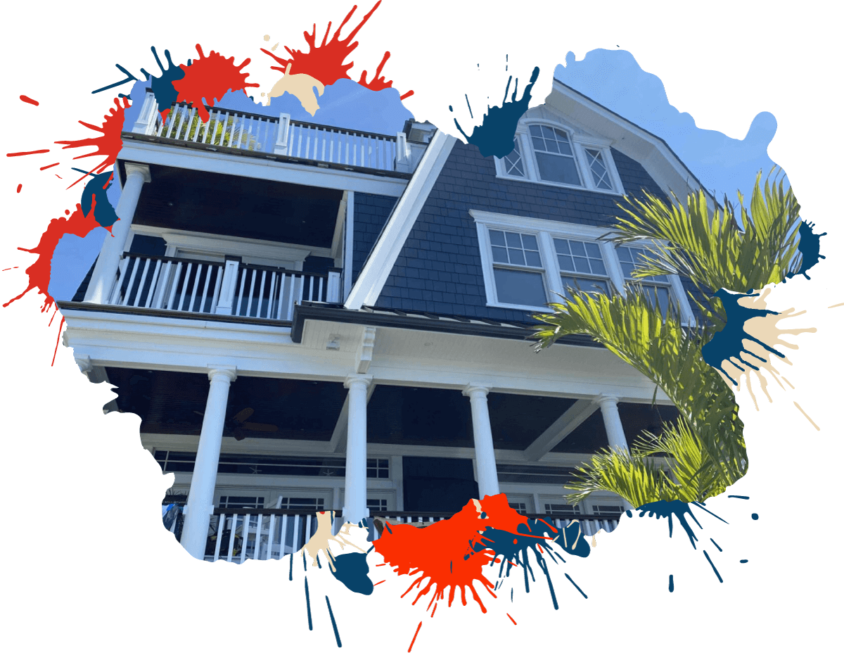 home-hero-background-single Freshly painted navy blue coastal-style home in Ocean County, NJ, with white trim, columns, and balconies framed by palm trees against a bright blue sky.