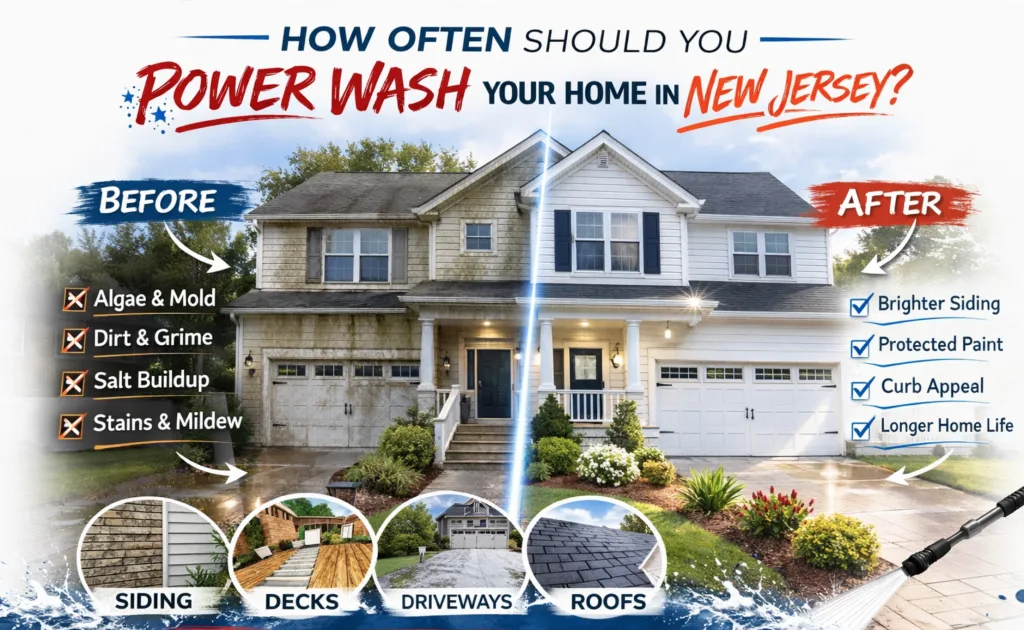Before-and-after graphic of a home exterior after power washing.