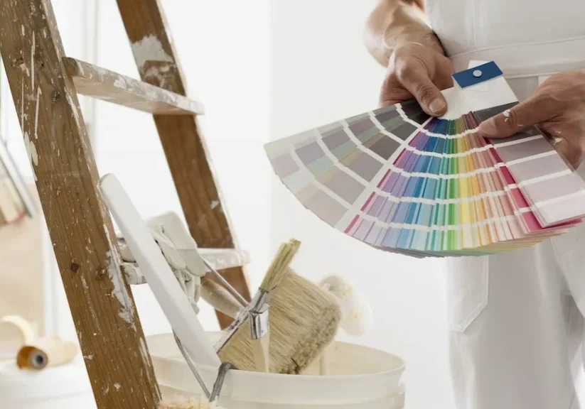 Shows a fanned-out color sample spread, next paint-stained ladder with a bucket and a brush on top.