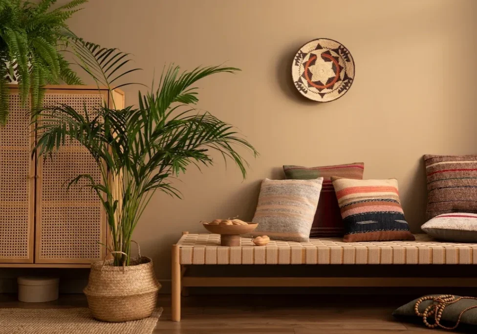 Shows a bench with pillows stage on top, large plants, and a privacy barrier all in front of a painted wall. The image is lit with a warm yellow light.